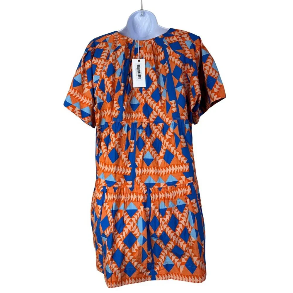 New Marea Womens Grecian Poplin Dress Short Sleeve Orange Blue Size Medium Boho - Picture 4 of 16